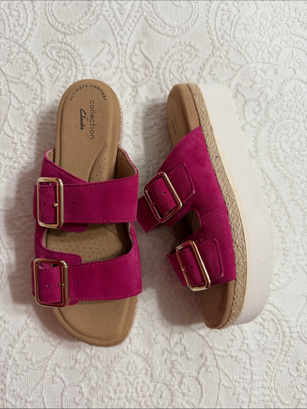 Size 6.5M Fuchsia Suede Double-Buckle Platform Mule Sandals